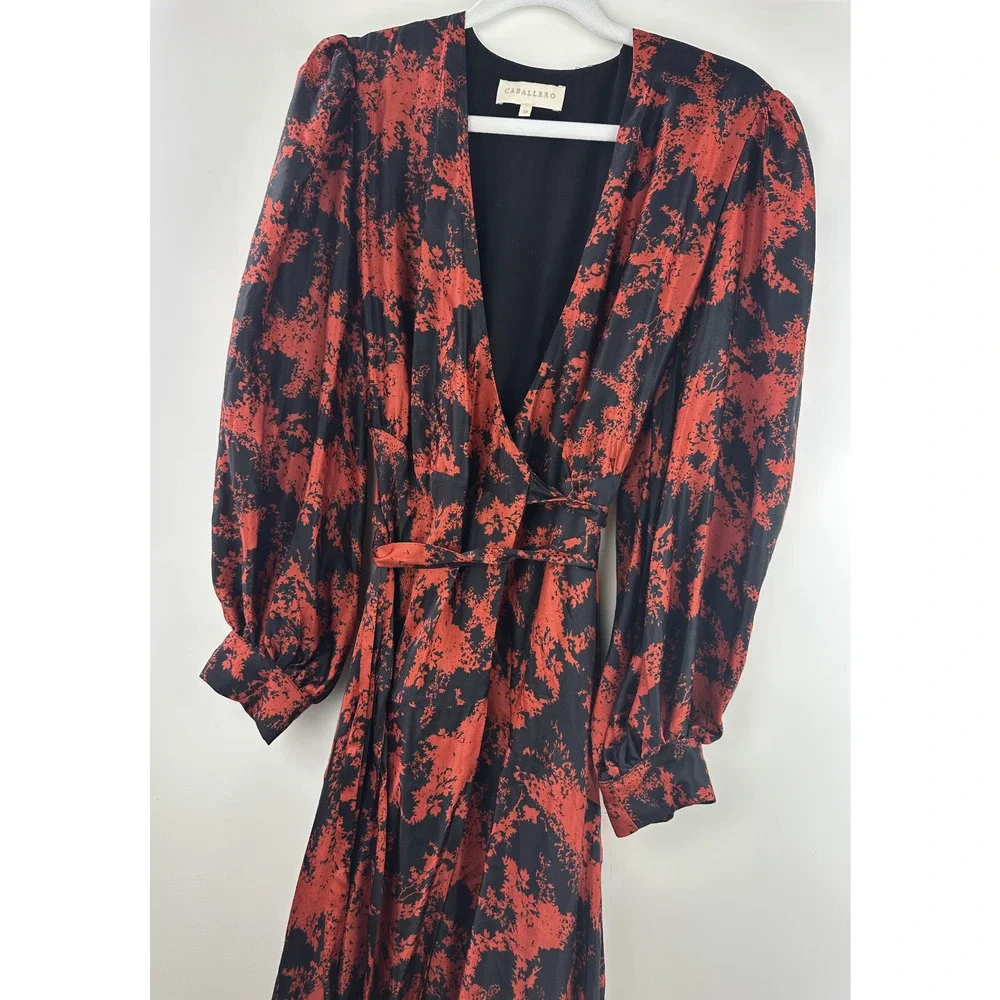 Anthropologie x Caballero Silky Abstract Wrap Midi Dress Red & Black Anthro XS - Picture 8 of 16